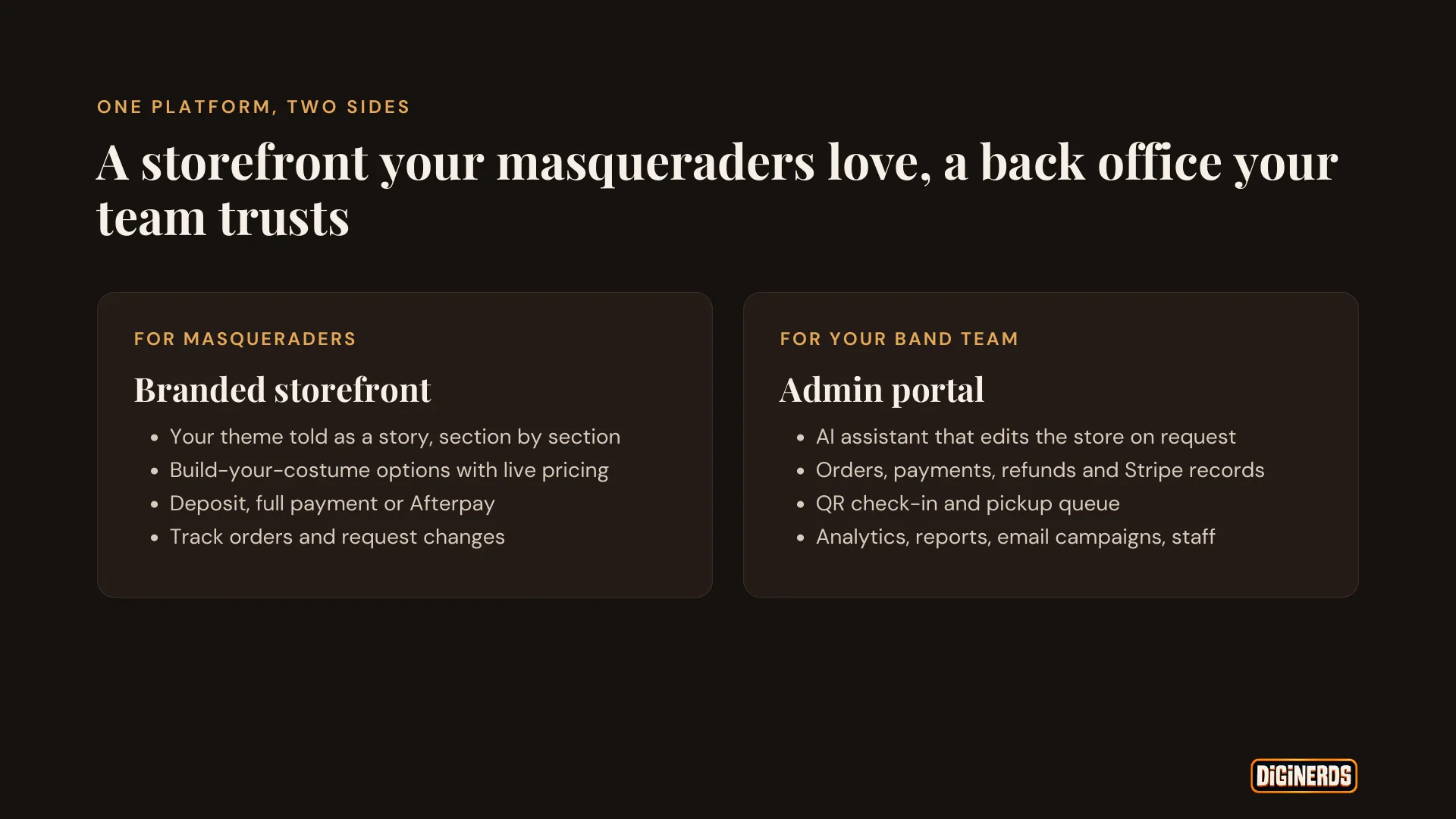 A storefront your masqueraders love, a back office your team trusts