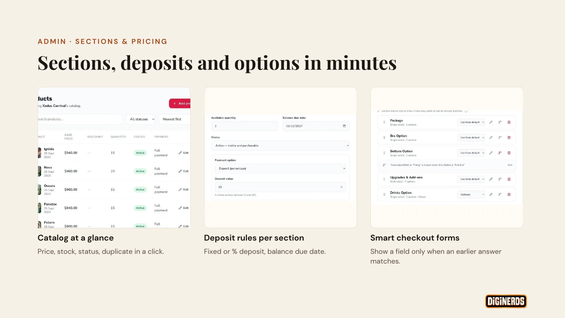 Sections, deposits and options in minutes