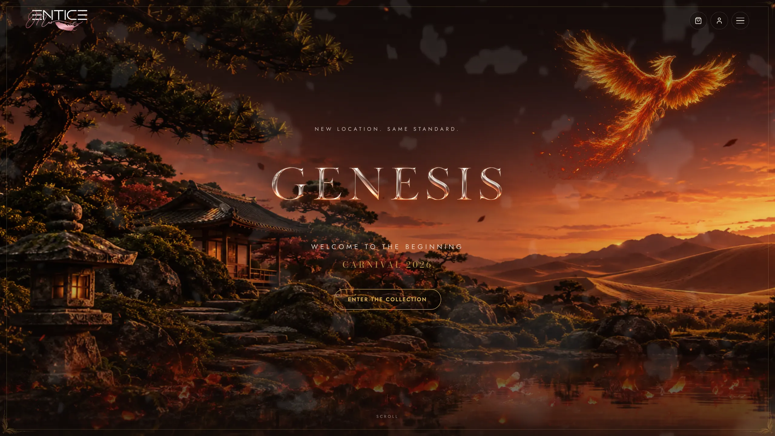 The Genesis storefront hero — a garden at the edge of a desert, a phoenix in flight