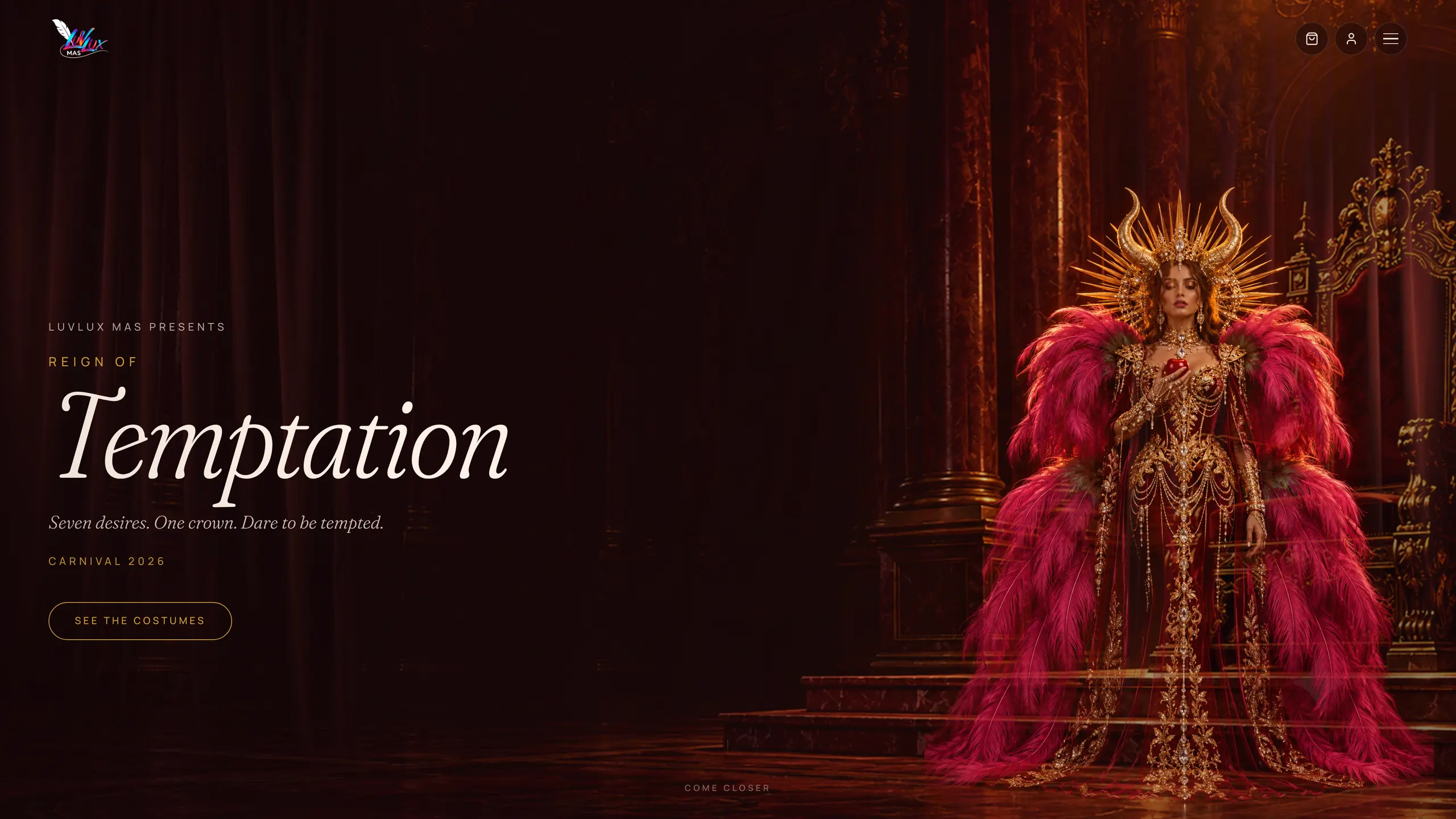 The Temptation storefront hero — a queen in magenta plumes and gold before a red velvet throne