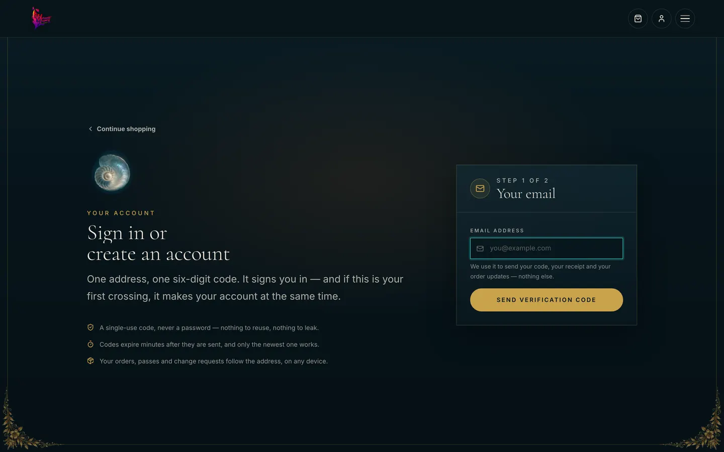 Login without passwords on a storefront