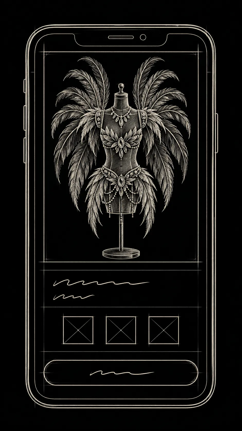 A pencil wireframe of a phone showing a costume product page and a pay button