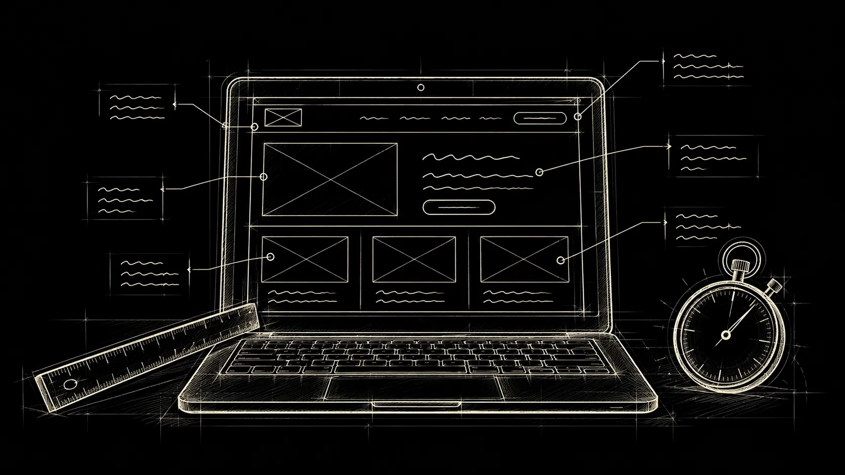 A pencil drawing of a laptop showing a wireframe, with a ruler, a stopwatch and measurement callouts