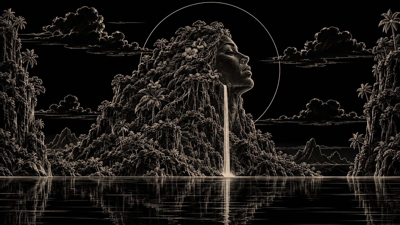 A pencil drawing of the She Reigns hero — a waterfall falling from a woman's profile carved out of the island