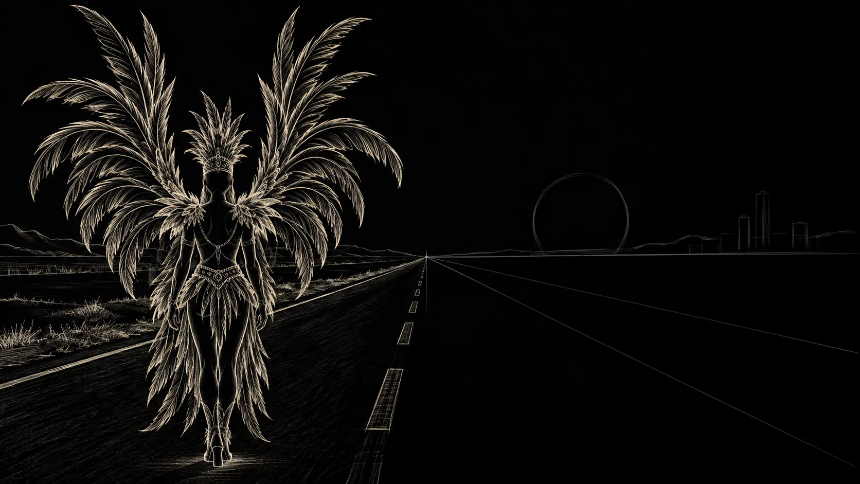 A pencil storyboard sketch of a masquerader in full feathered costume walking down an empty road