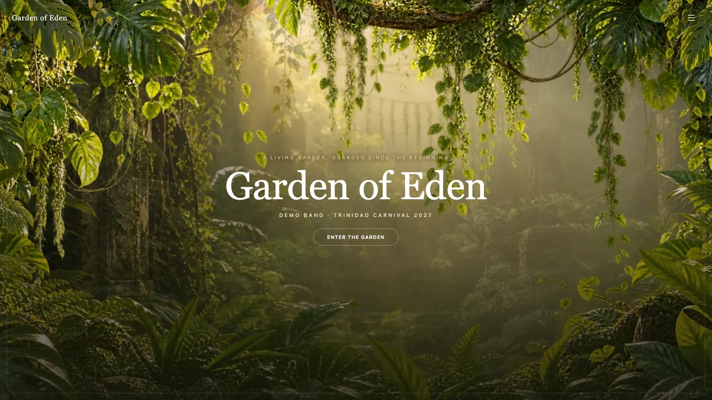 Garden of Eden — lateral and organic — foliage parts like a curtain