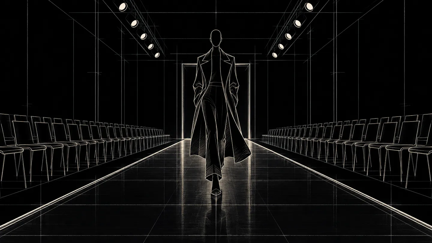 Pencil storyboard sketch of a fashion runway seen from the end of the catwalk