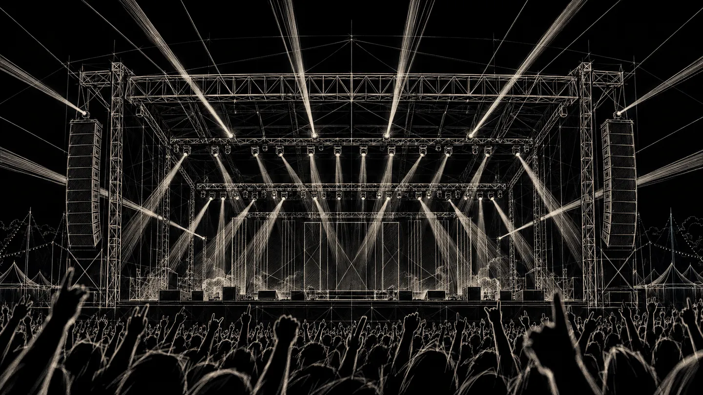 Pencil storyboard sketch of an outdoor festival stage at night, seen from the crowd