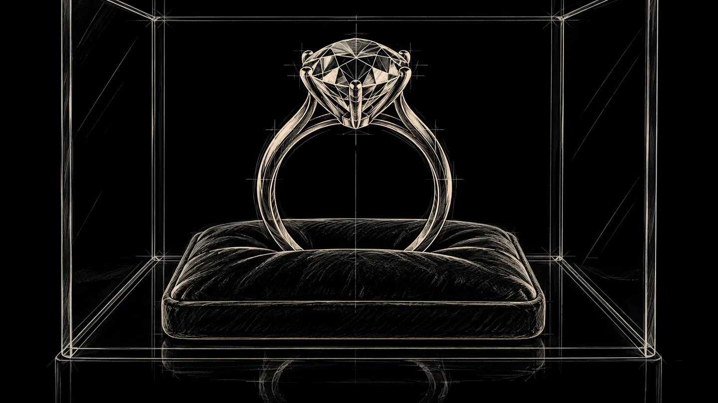 Pencil storyboard sketch of a ring on a cushion inside a glass display case