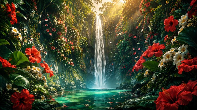 A waterfall falling through emerald jungle banked with red hibiscus and white frangipani
