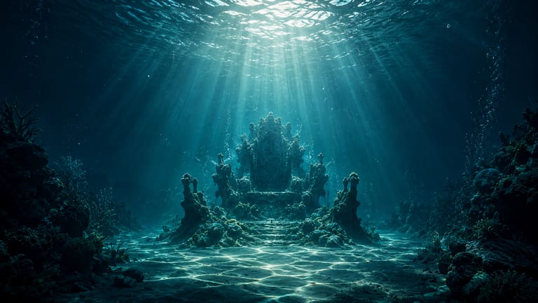 A submerged coral throne on the seabed, lit by shafts of light falling from the surface far above