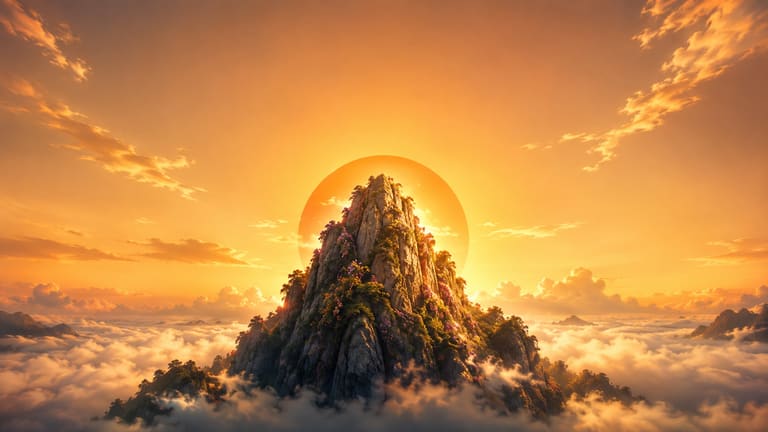 A green mountain summit breaking through cloud, an enormous amber sun low behind it