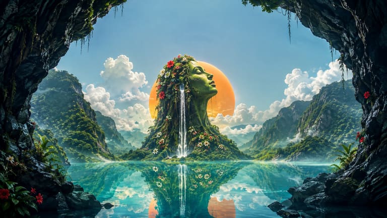 A green island rising from still turquoise water, shaped like a woman crowned in tropical flowers, a waterfall falling like hair, a low orange sun behind her